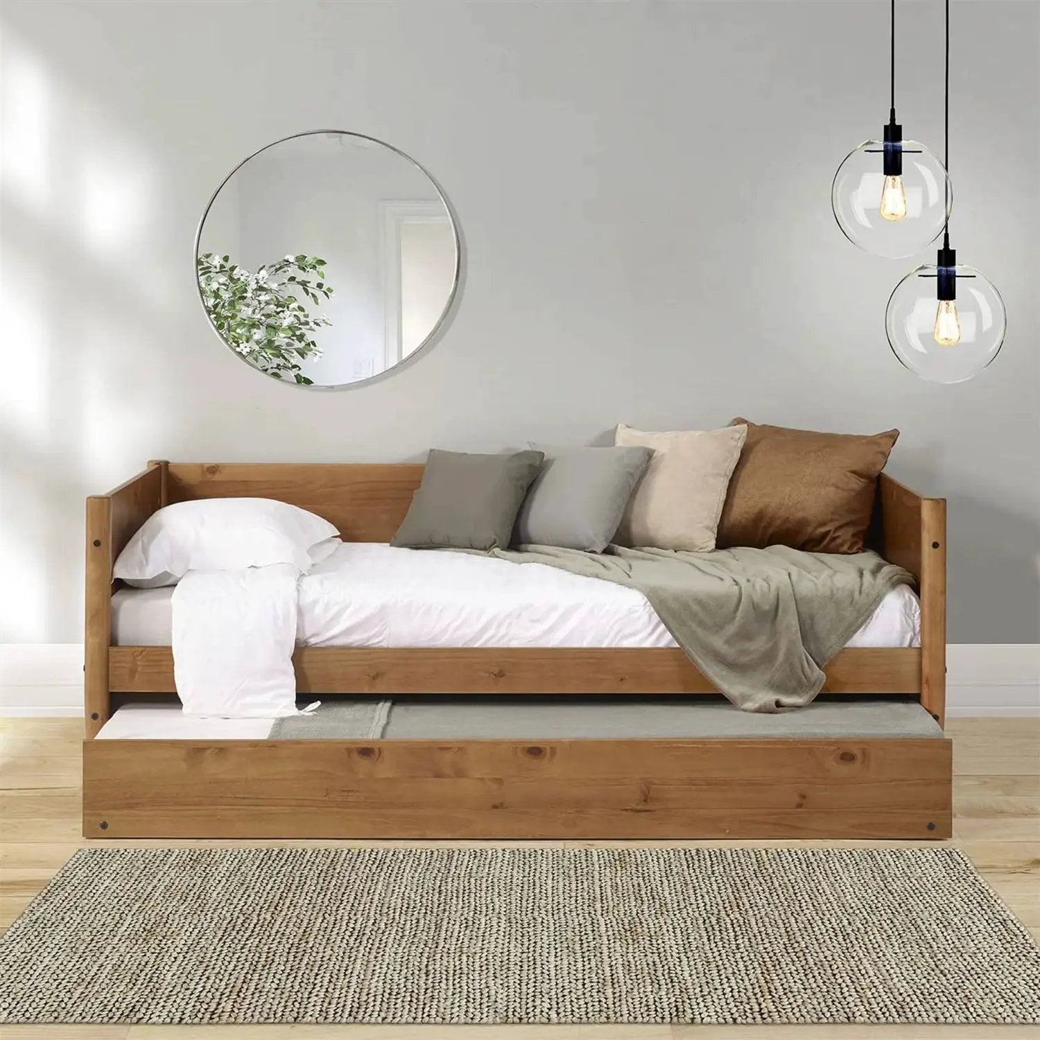 Twin size Solid Wood Daybed with Roll Out Trundle Bed Frame in Medium Brown by HomePacific