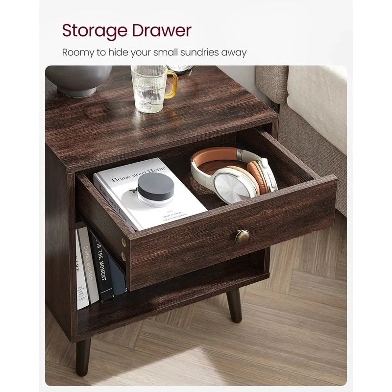 Mid-Century Modern 1-Drawer Nightstand End Table in Dark Brown Wood Finish by HomePacific