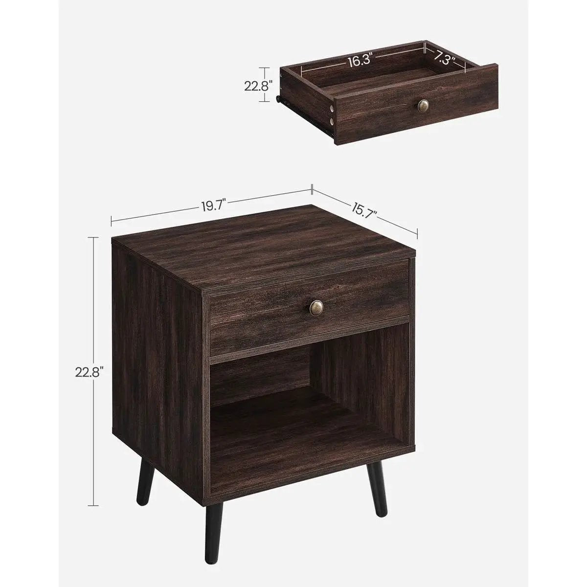 Mid-Century Modern 1-Drawer Nightstand End Table in Dark Brown Wood Finish by HomePacific