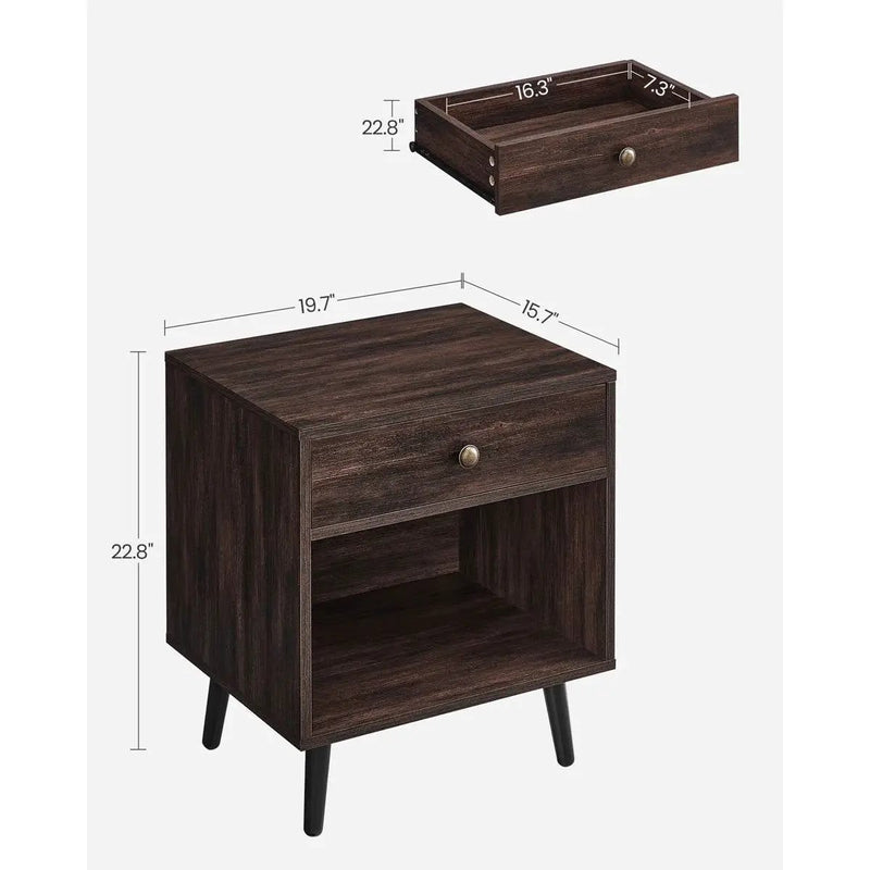 Mid-Century Modern 1-Drawer Nightstand End Table in Dark Brown Wood Finish by HomePacific