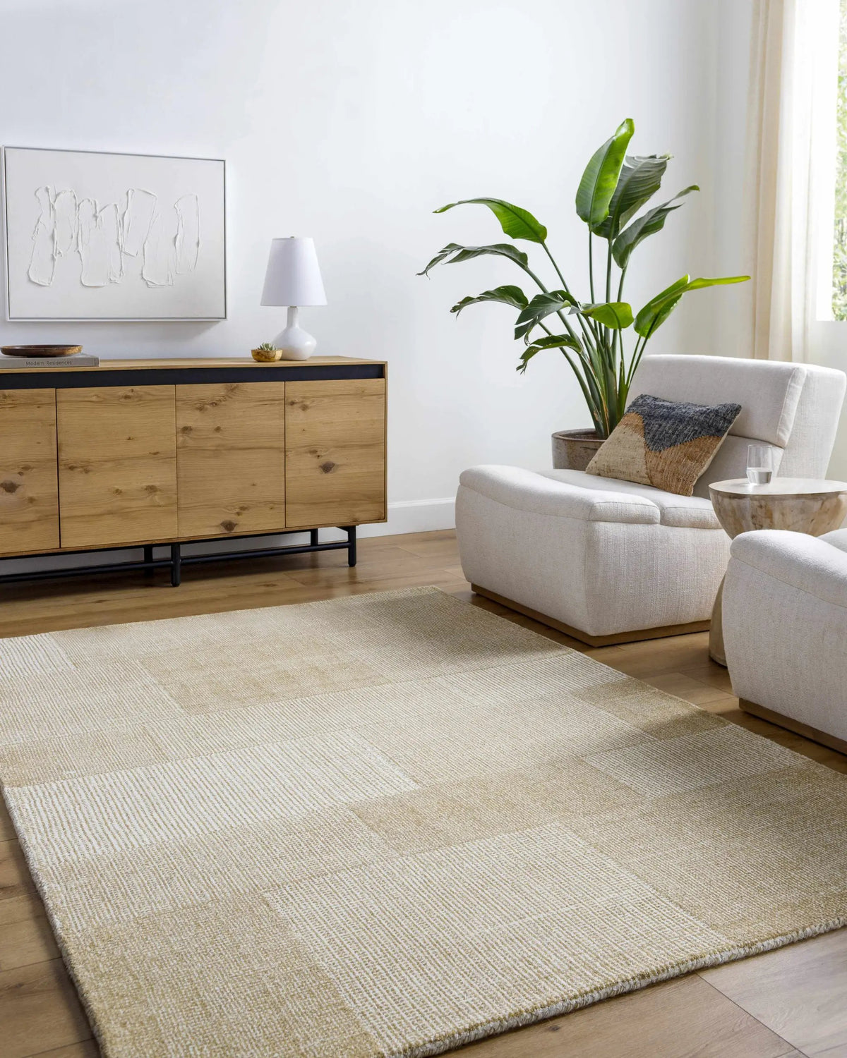 Camila Cream Area Rug, installed in a room
