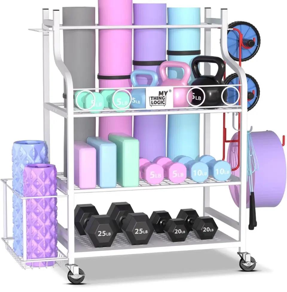 Mythinglogic Yoga Mat Storage Racks, Home Gym Storage Rack for Dumbbells Kettlebells Foam Roller, Yoga Strap and Resistance Bands, Workout Equipment Storage Organizer With Hooks and Wheels by Selzalot