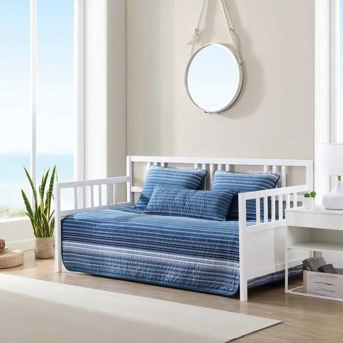 4 Piece Coastal Blue Navy White Stripes Cotton Daybed Cover Bedding Set by HomePacific