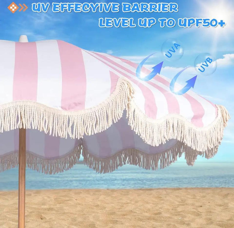 Open Box Funsite 6.5ft Boho Beach Umbrella with Fringe, UPF 50+ Tassel Umbrellas with Carry Bag, Premium Wood Pole Foldable Patio Umbrella for Outdoor by Selzalot