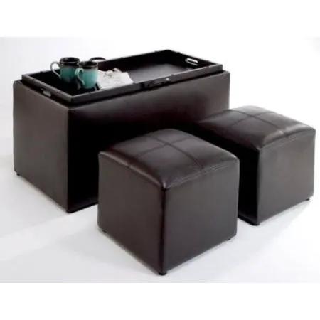 Faux Leather Storage Bench Coffee Table with 2 Side Ottomans by HomePacific