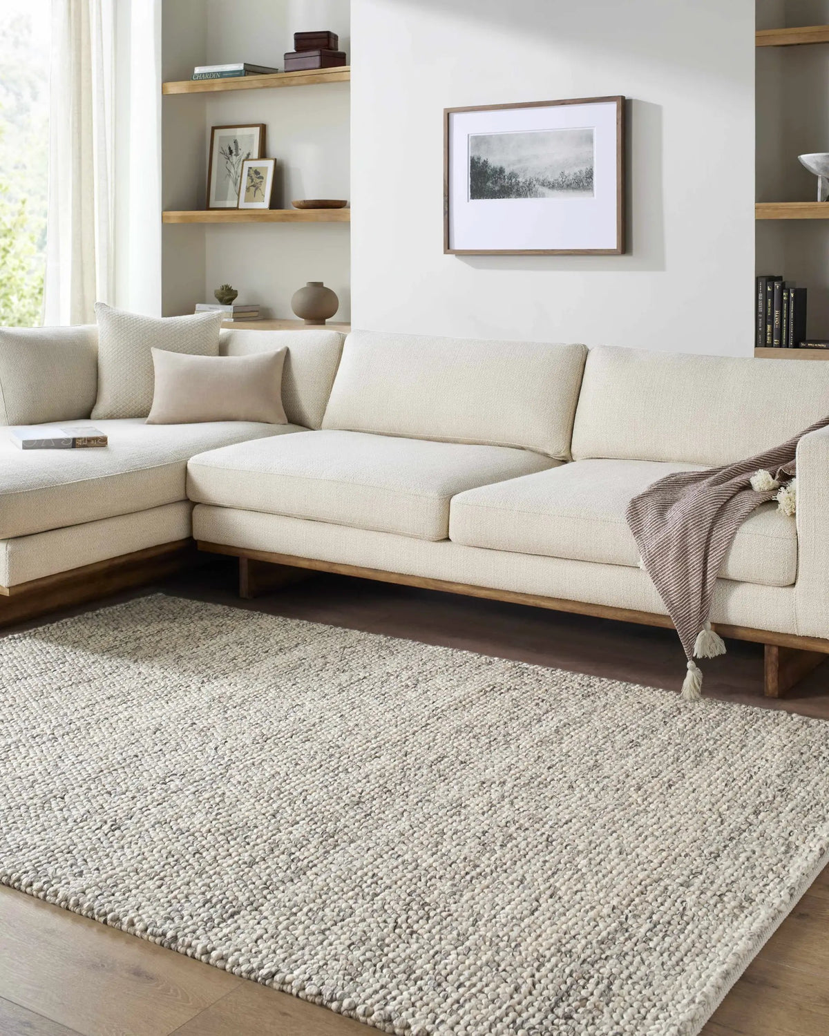 Clayne Beige & Charcoal Premium Wool Area Rug, installed in a room