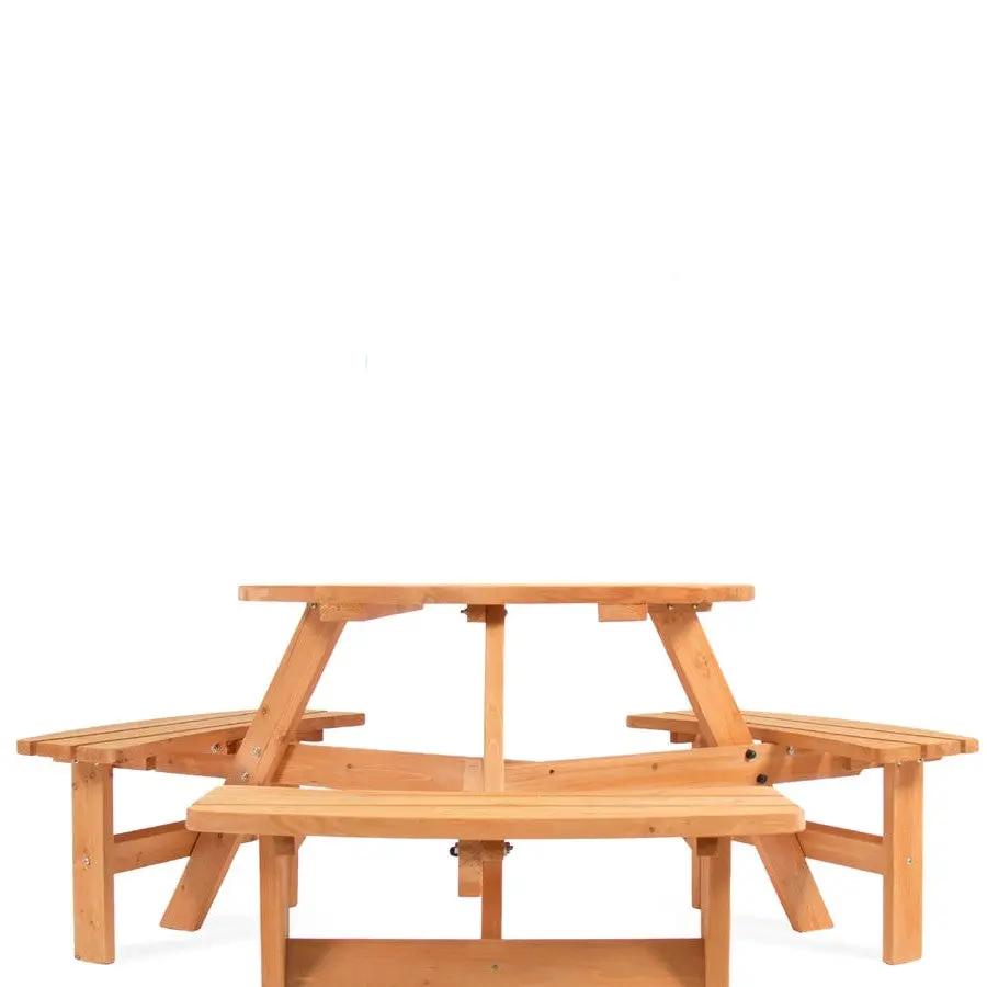 Outdoor Round Wood Picnic Table Bench Set with Umbrella Hole - Seats 6 by HomePacific