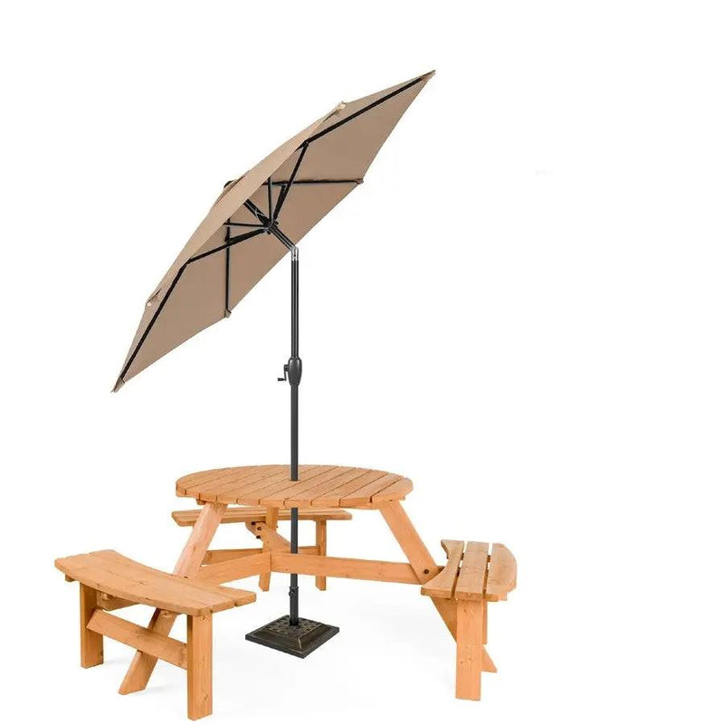 Outdoor Round Wood Picnic Table Bench Set with Umbrella Hole - Seats 6 by HomePacific