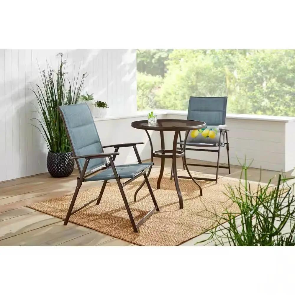 Set of 2 - Outdoor Folding Patio Dining Chair with Blue Denim Padded Seat by HomePacific
