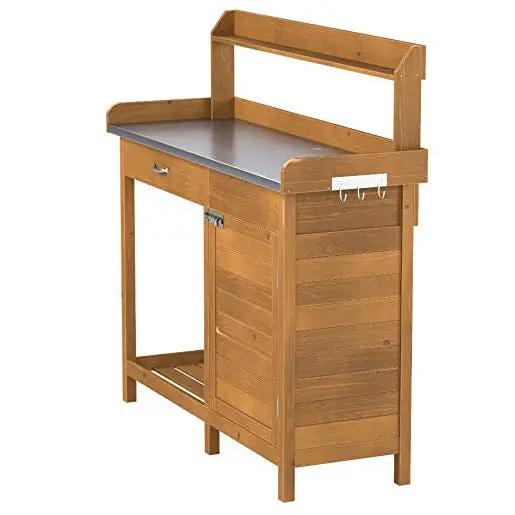 Outdoor Home Garden Potting Bench with Metal Table Top and Storage Cabinet by HomePacific