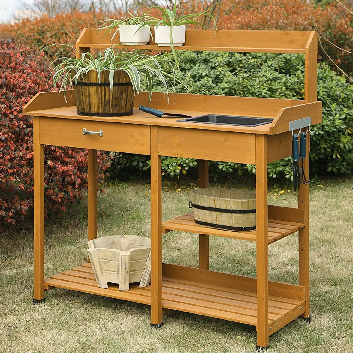 Wooden Potting Bench Work Table-sink Light Oak Finish by HomePacific