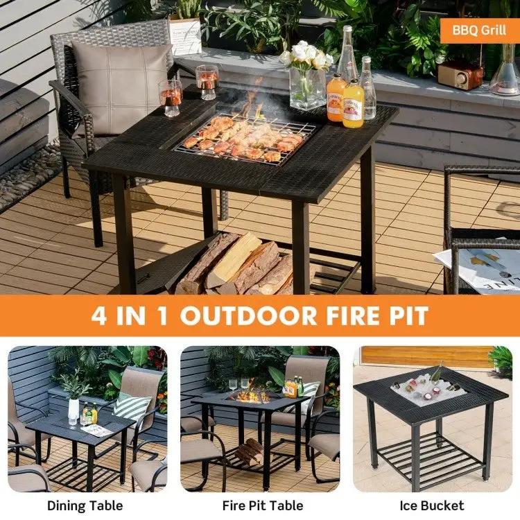 4 in 1 Square Fire Pit, Grill Cooking BBQ Grate, Ice Bucket, Dining Table by HomePacific