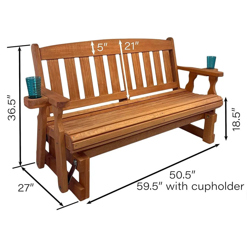 4ft Heavy Duty Porch Glider Bench with Cupholders in Cedar Finish - Made in USA by HomePacific
