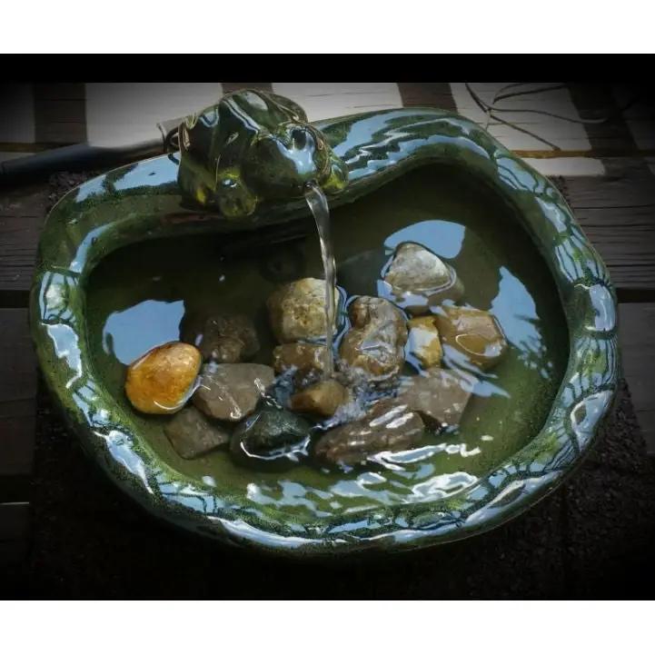 Green Glazed Ceramic Fountain Bird Bath with Frog and Solar Pump by HomePacific