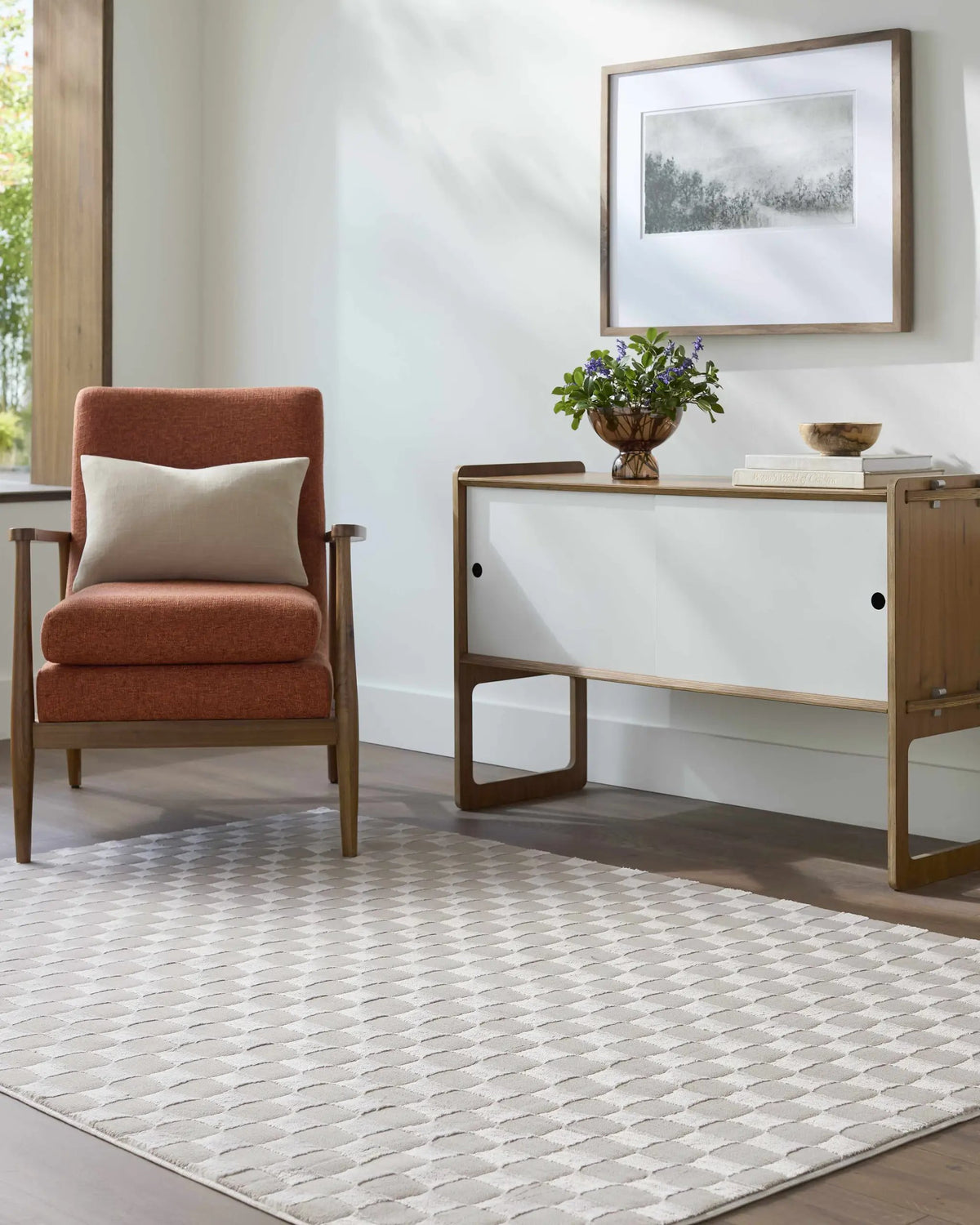 Carina Dark 3D Checkered Washable Area Rug, installed in a room