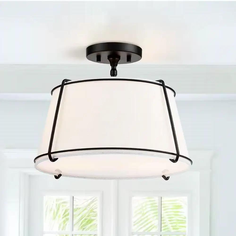 2-Light Round 15-inch White Drum Ceiling Light w/ Black Metal - Semi-Flush Mount by HomePacific