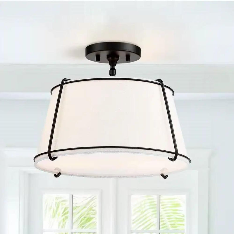 2-Light Round 15-inch White Drum Ceiling Light w/ Black Metal - Semi-Flush Mount by HomePacific