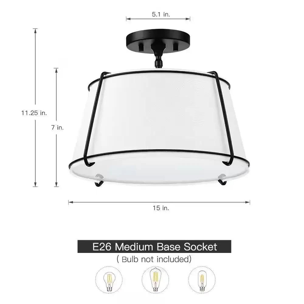 2-Light Round 15-inch White Drum Ceiling Light w/ Black Metal - Semi-Flush Mount by HomePacific