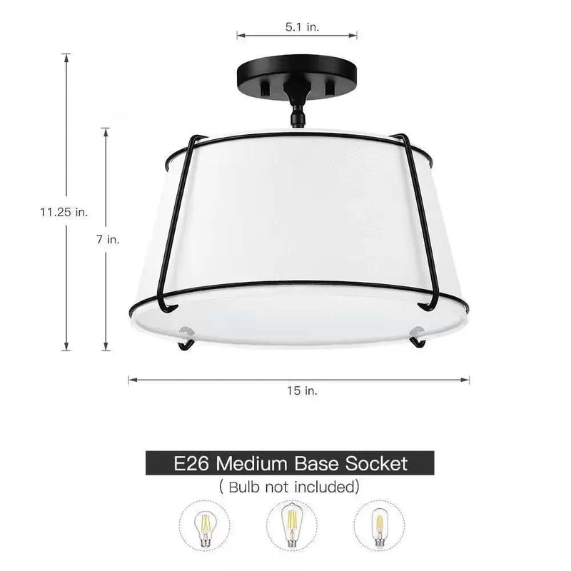 2-Light Round 15-inch White Drum Ceiling Light w/ Black Metal - Semi-Flush Mount by HomePacific