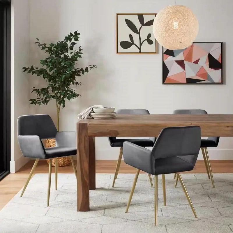 Set of 2 Modern Dark Grey Velvet Upholstered Dining Chair with Gold Metal Legs by HomePacific