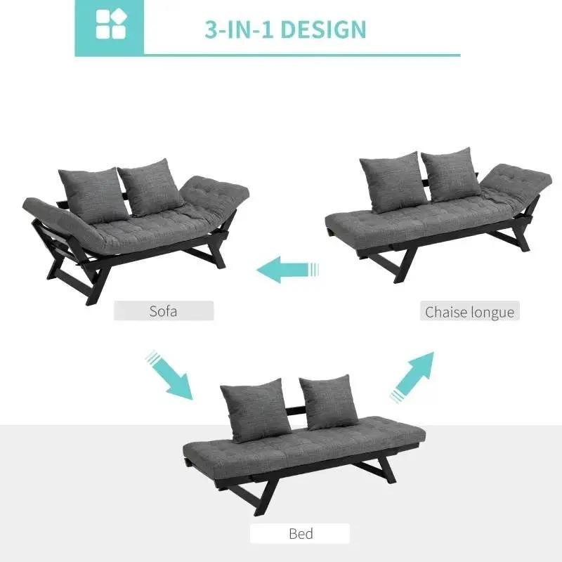 Charcoal/Black 3 In 1 Convertible Sofa Chaise Lounger Bed with 2 Large Pillows by HomePacific