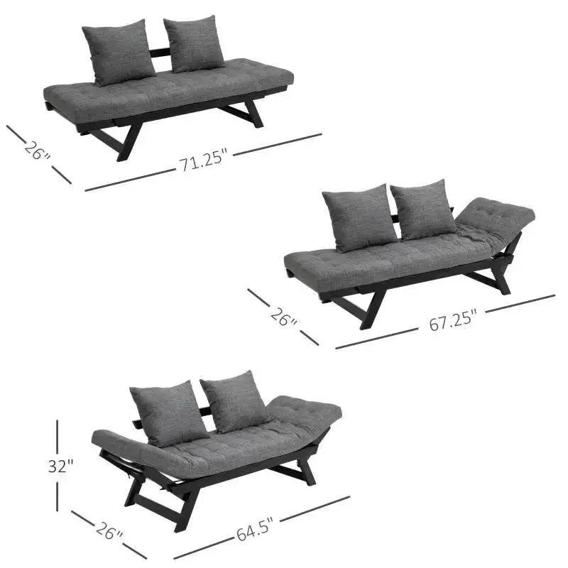 Charcoal/Black 3 In 1 Convertible Sofa Chaise Lounger Bed with 2 Large Pillows by HomePacific