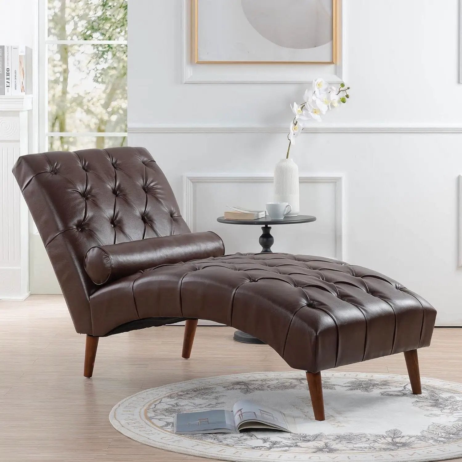 Brown PU Leather Upholstered Armless Chaise Lounge Chair with Lumbar Pillow by HomePacific