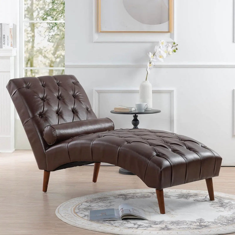 Brown PU Leather Upholstered Armless Chaise Lounge Chair with Lumbar Pillow by HomePacific