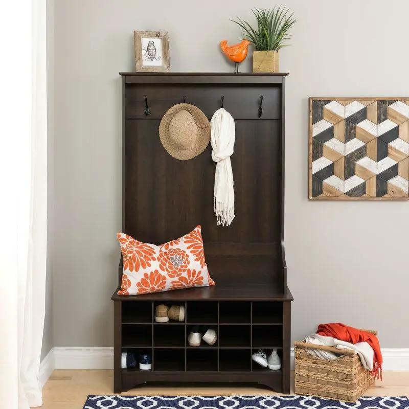 Dark Brown Entryway Hall Tree Shoe Cubbie Coat Rack by HomePacific