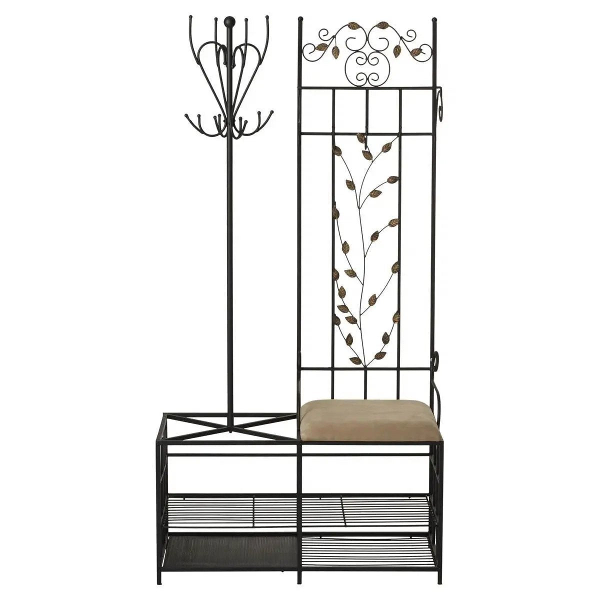 Entryway Hall Tree Coat Rack Storage Bench with Scrolling Leaves Scrollwork by HomePacific