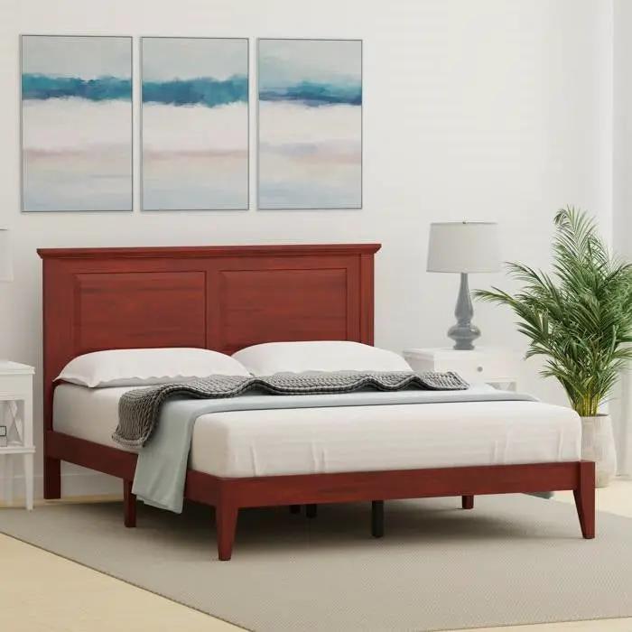 Queen Traditional Solid Oak Wooden Platform Bed Frame with Headboard in Cherry by HomePacific