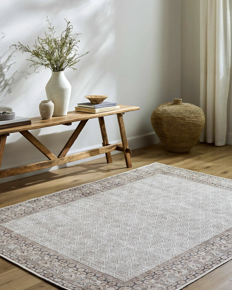 Rainier Cottage Border Beige Washable Rug | Our PNW Home X Livabliss by Boutique Rugs