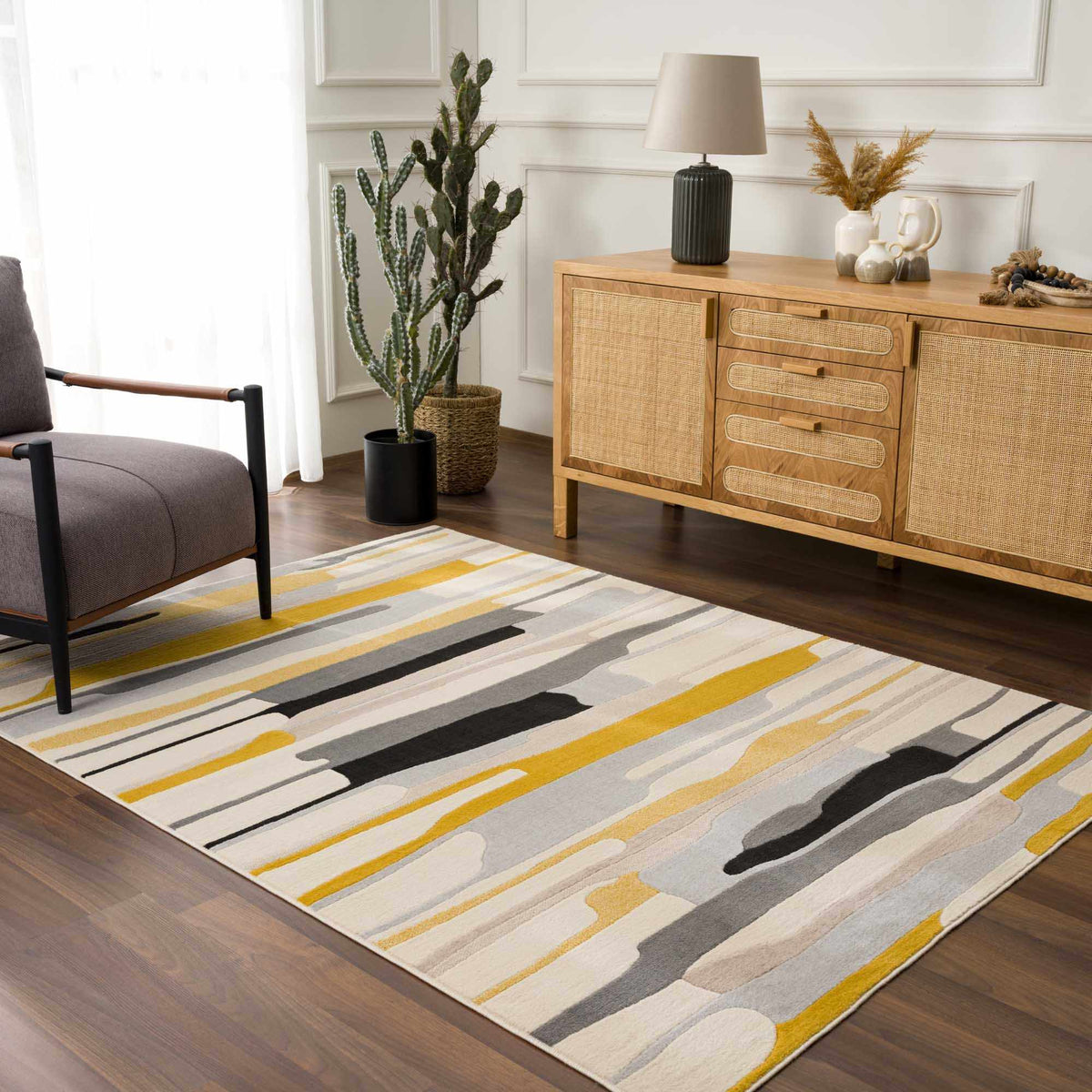 Southfields Mustard Modern Rug, installed in a room 2
