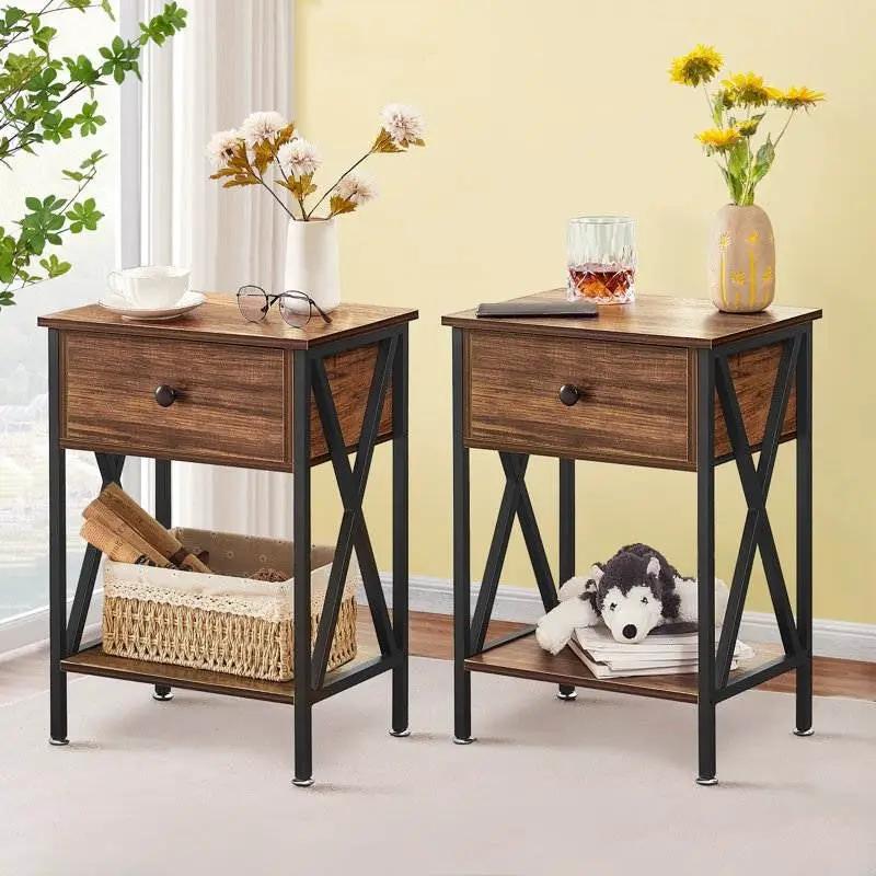 Set of 2 - Rustic 1 Drawer Nightstand in Brown and Black Wood Finish by HomePacific