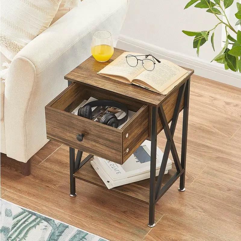 Set of 2 - Rustic 1 Drawer Nightstand in Brown and Black Wood Finish by HomePacific