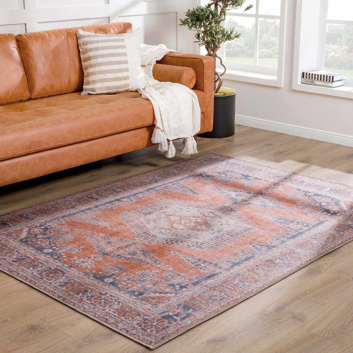 Burnt Orange Taber Medallion Washable Area Rug, installed in a room 2