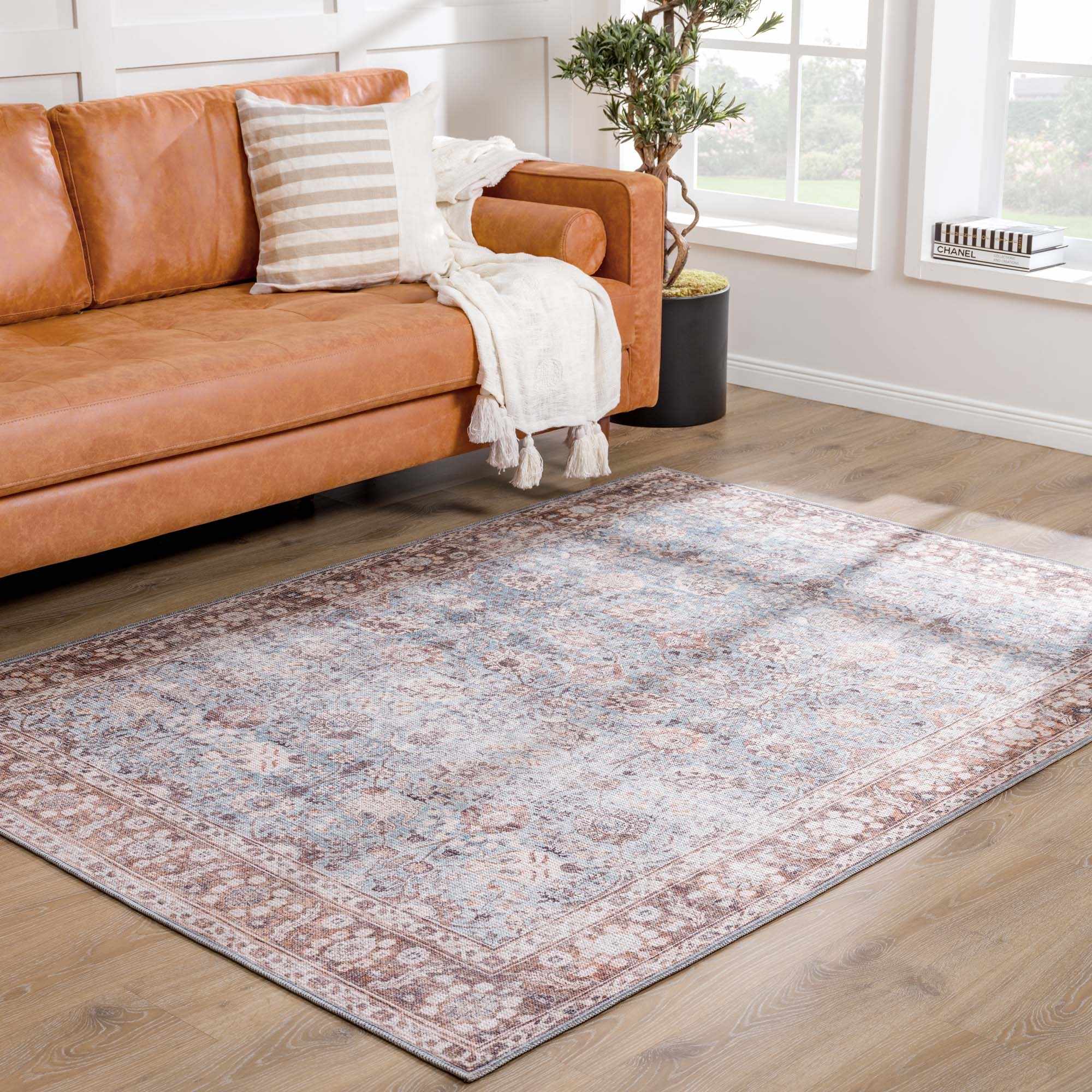 Brown Blue Dauis Vintage Washable Rug by Hauteloom