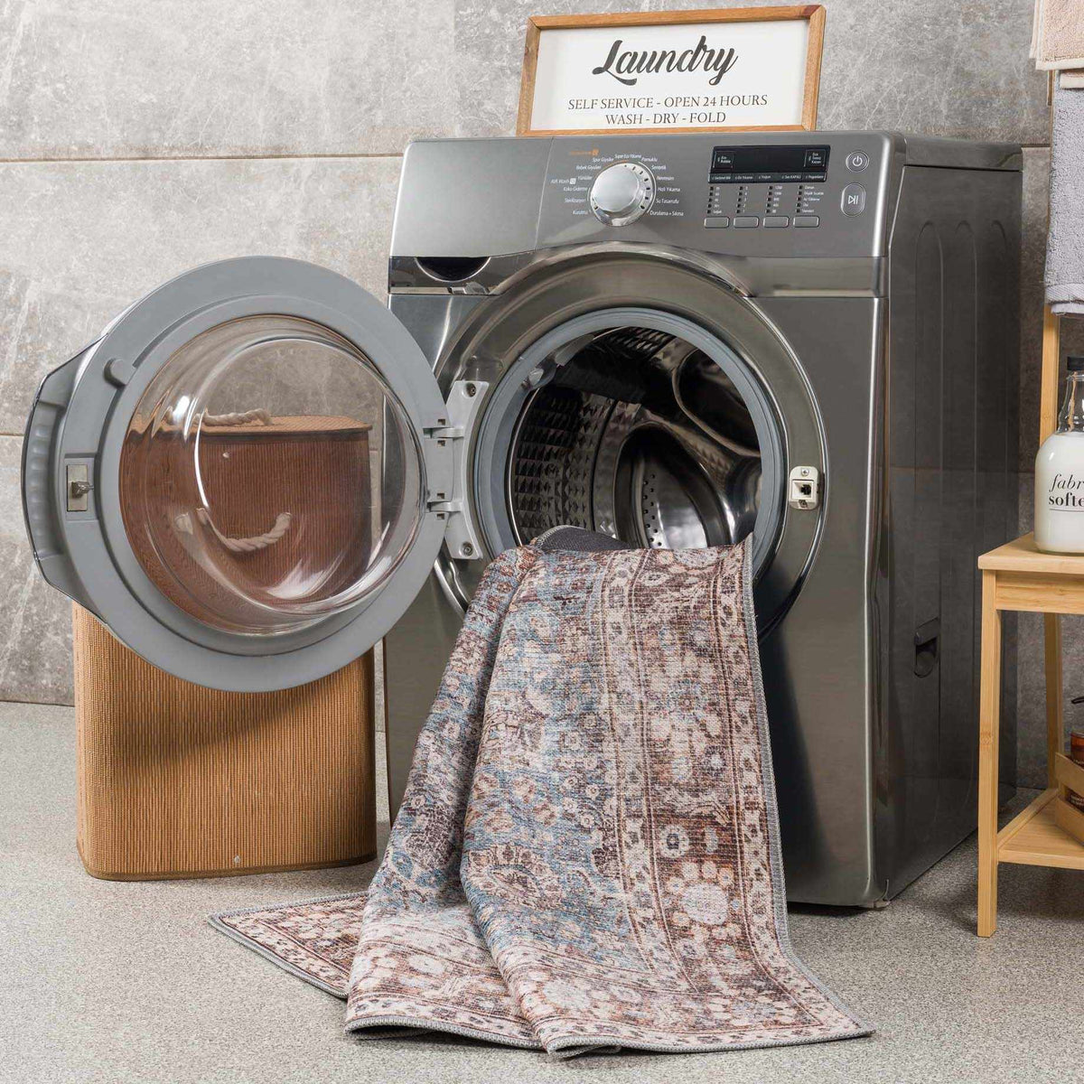 Brown Blue Dauis Vintage Washable Rug, installed in a room 3