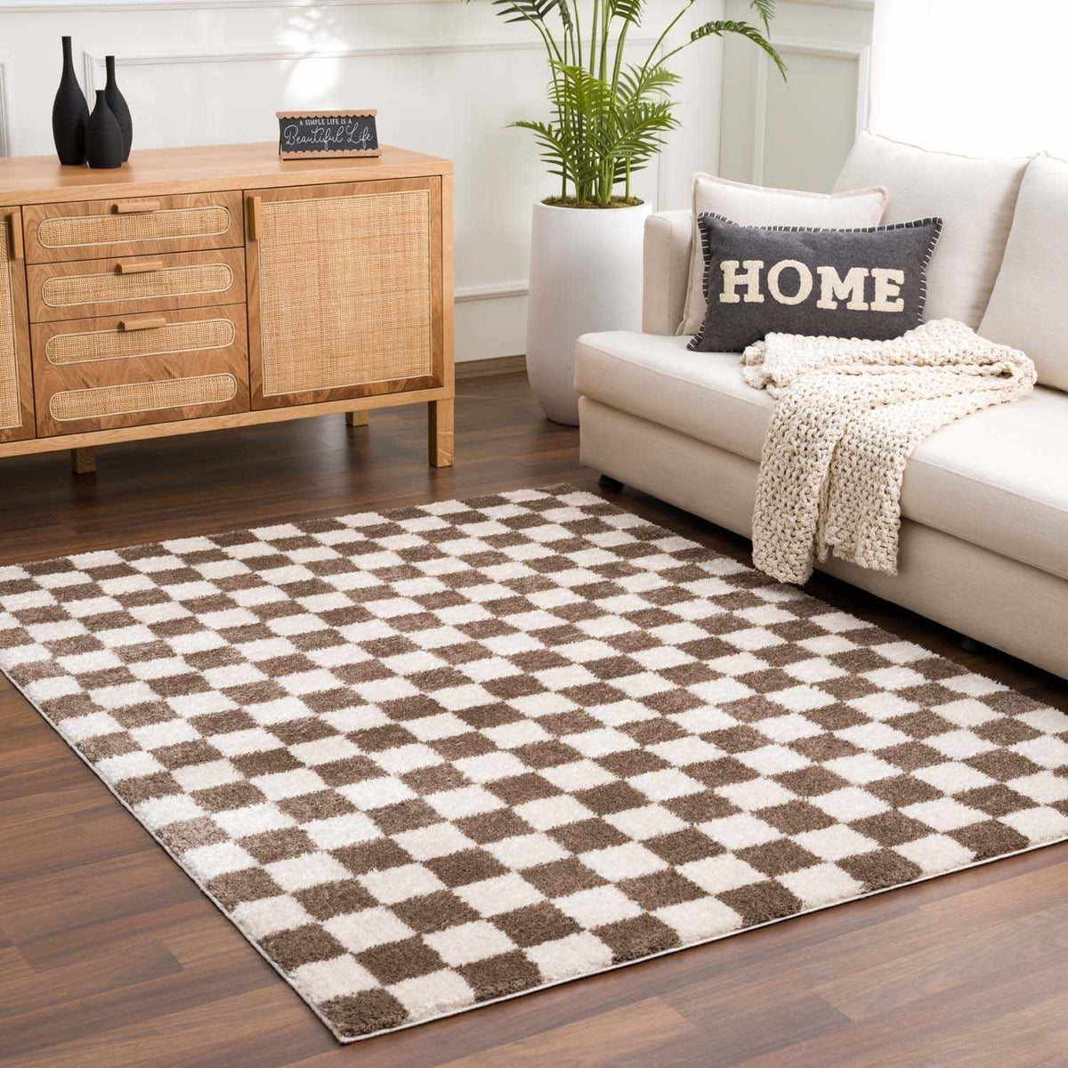 Canika Brown Washable Checkered Area Rug, installed in a room 2