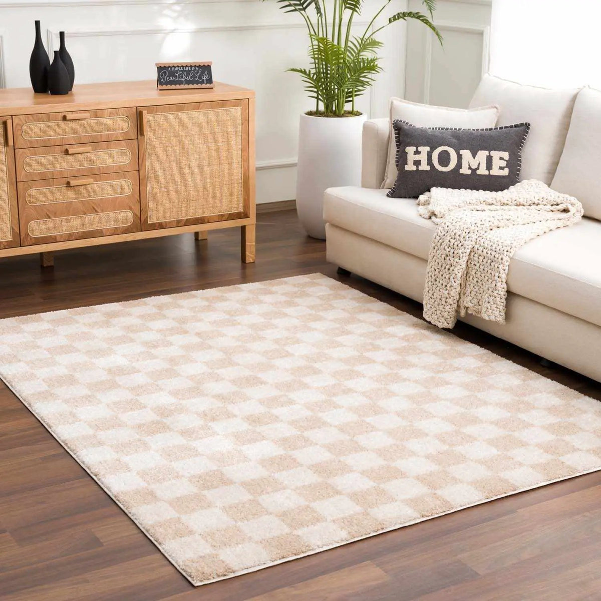 Canika Checkered Cream Washable Area Rug, installed in a room 2