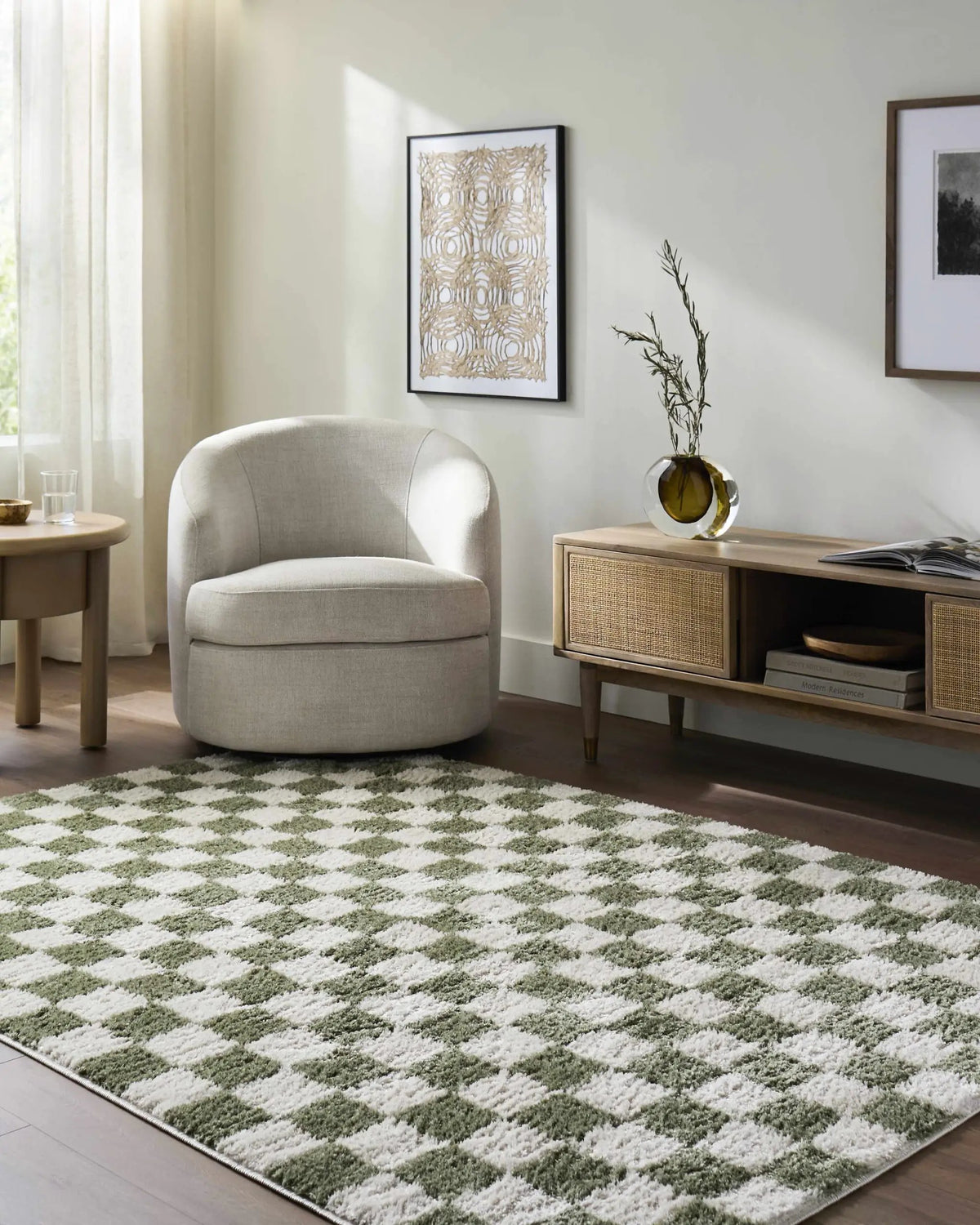 Canika Green Checkered Washable Plush Rug, installed in a room 4