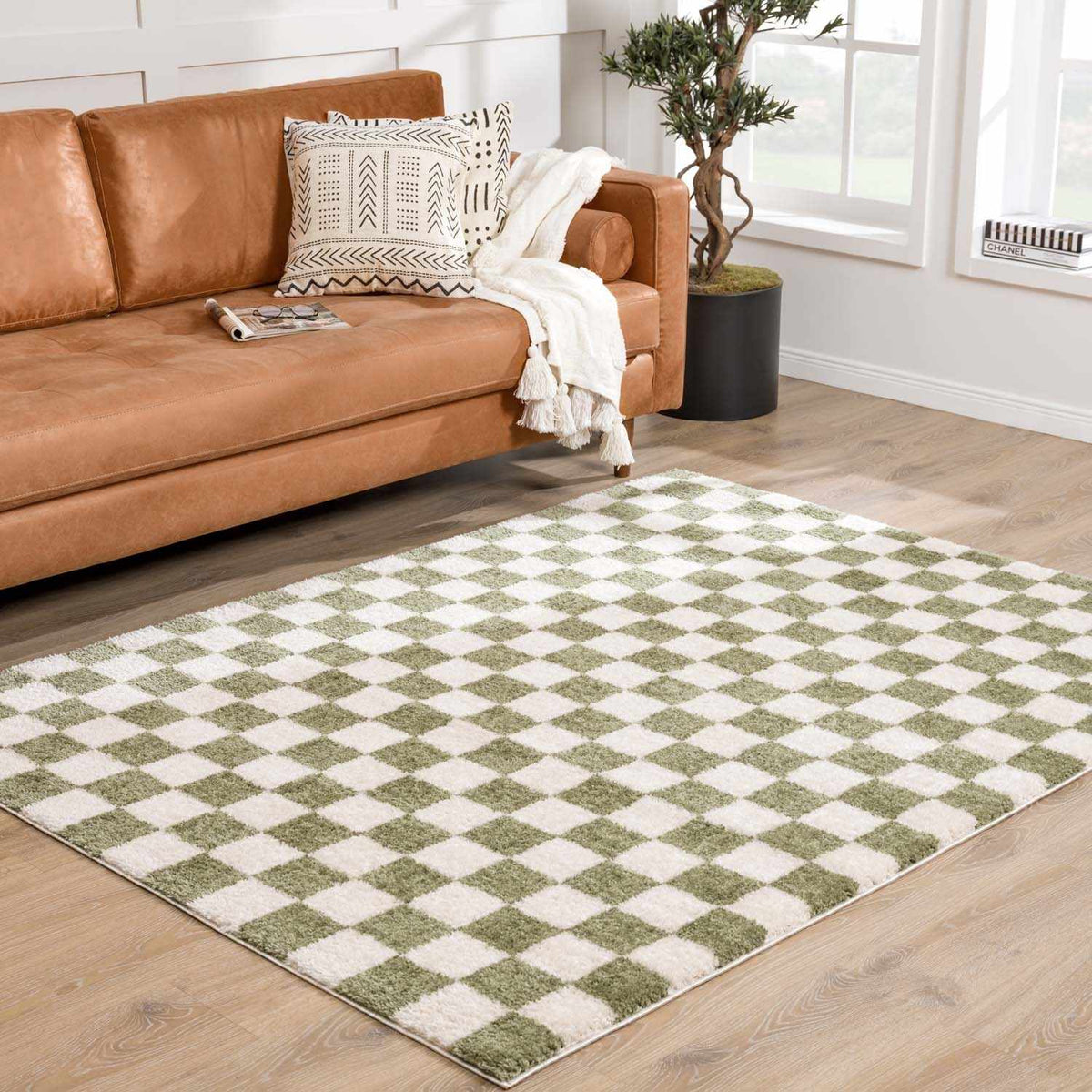 Canika Green Checkered Washable Plush Rug, installed in a room