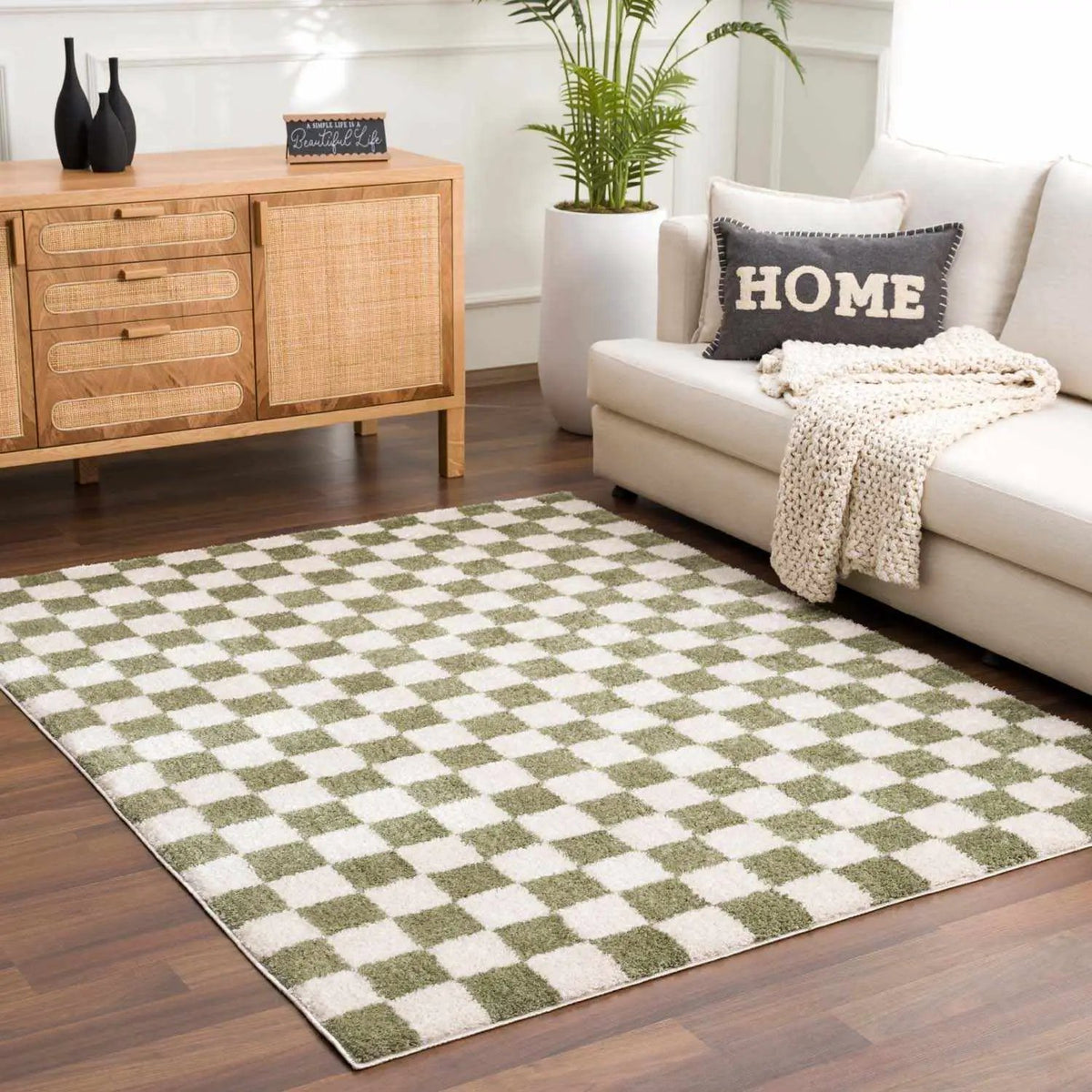Canika Green Checkered Washable Plush Rug, installed in a room 2