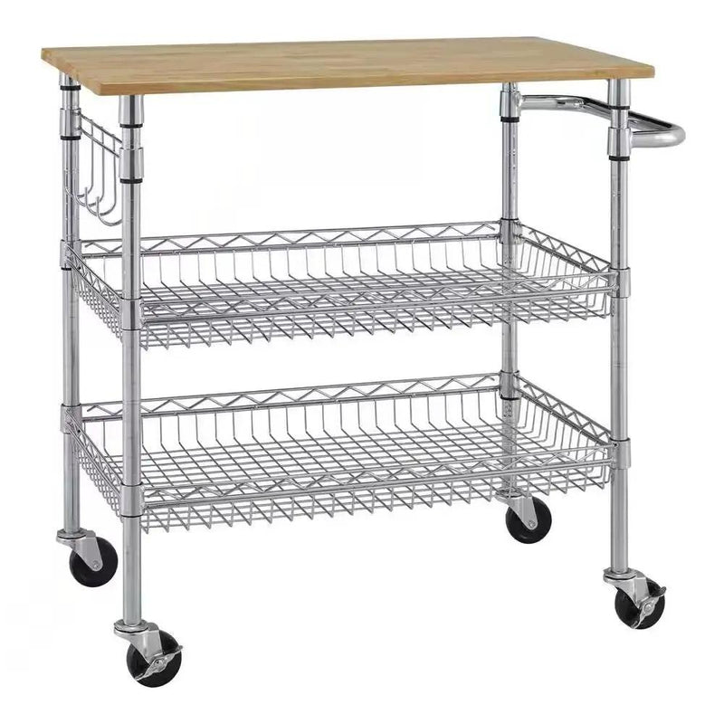Kitchen Island Cart with Wood Top and 2 Bottom Storage Shelves on Wheels by HomePacific