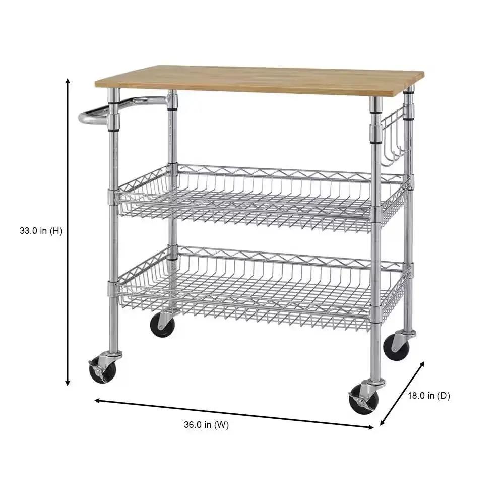 Kitchen Island Cart with Wood Top and 2 Bottom Storage Shelves on Wheels by HomePacific