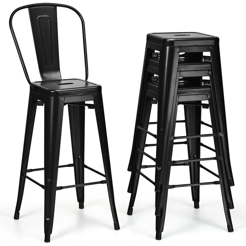 Set of 4 Black 30" Height High Back Metal Industrial Bar Stools by HomePacific
