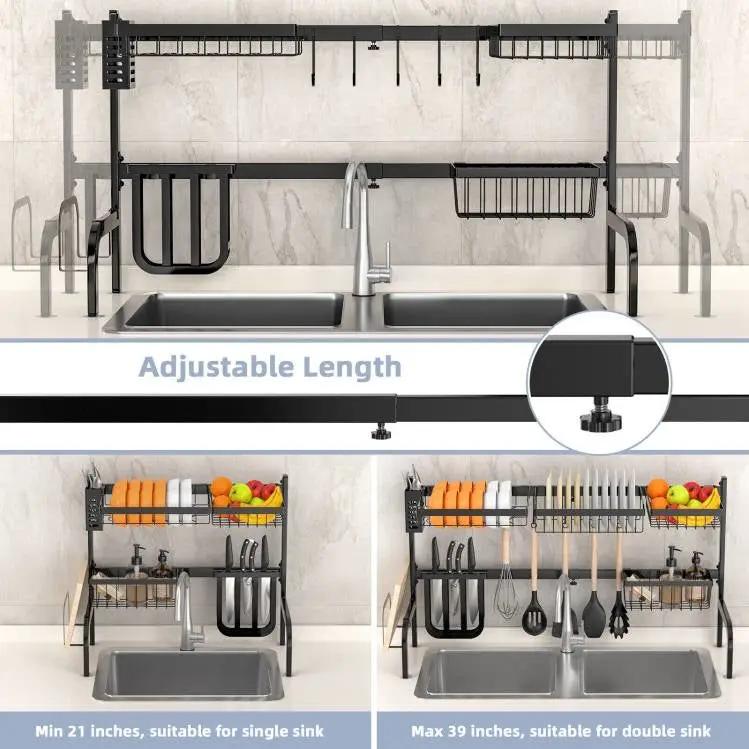 2 Tier Black Steel Adjustable Over the Sink Dish Drying Rack by HomePacific