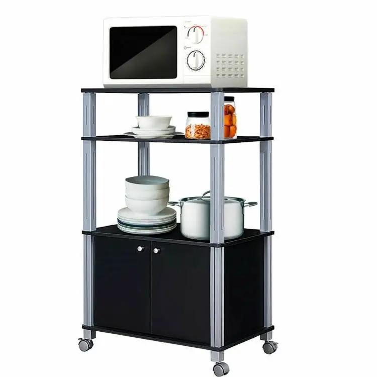 Modern 3-Shelf Kitchen Baker’s Rack Cart on Wheels in Black Wood Finish by HomePacific