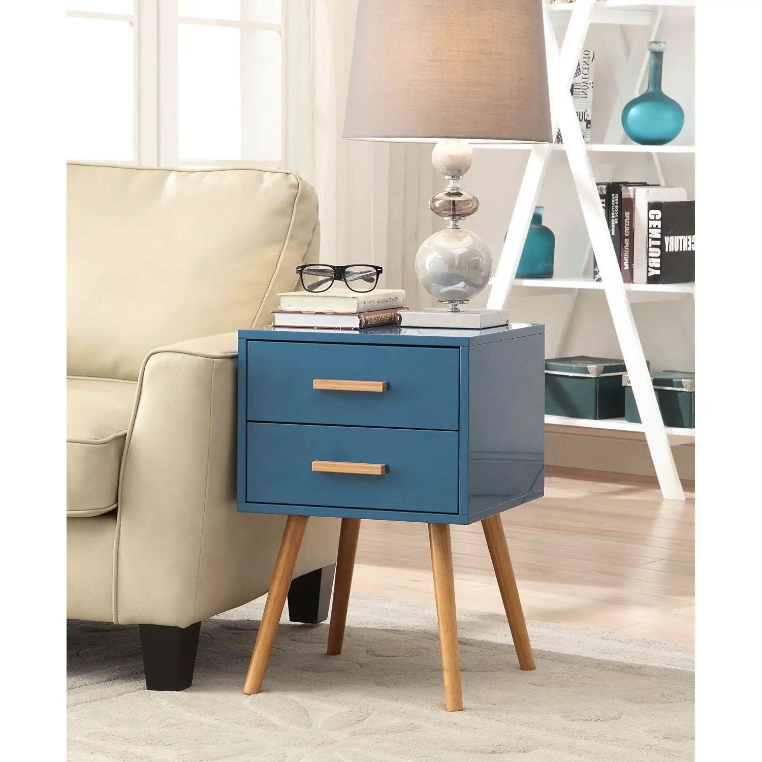 Modern Classic Mid-Century Style End Table Nightstand in Blue Finish by HomePacific