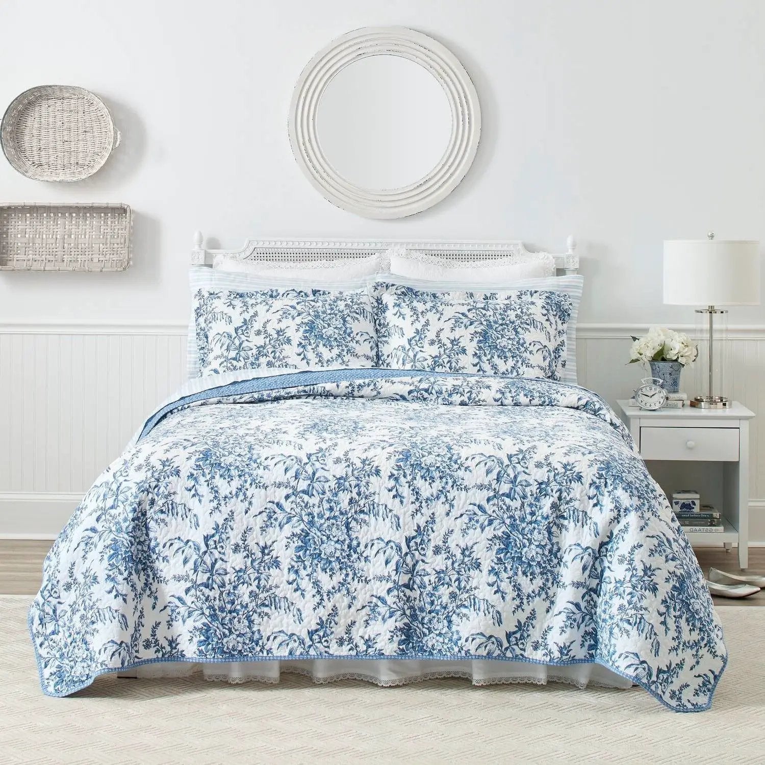 Full/Queen 3 Piece Bed In A Bag Reversible Blue White Floral Cotton Quilt Set by HomePacific